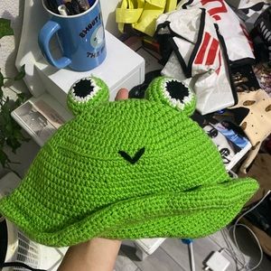 green crocheted bucket hat